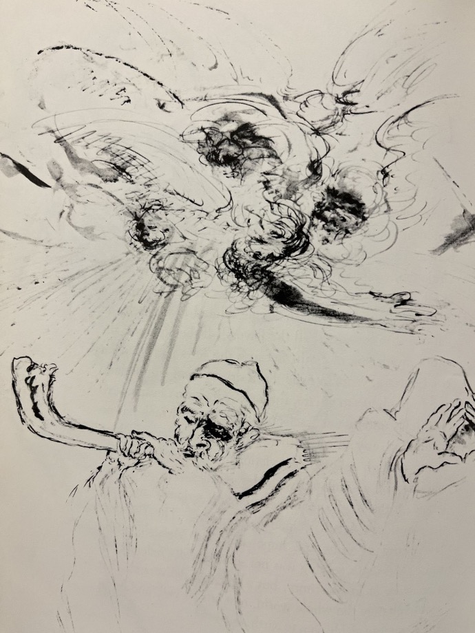 σχέδιο του Ira Moskowitz, που απεικονίζει έναν Εβραίο άνδρα που παίζει ένα πνευστό όργανο, ο ήχος του οποίου σχηματίζει αδρά ένα αφηρημένο θεϊκό σύννεφο και δίπλα ένας άλλος άντρας κρύβει με τα χέρια το πρόσωπό του.