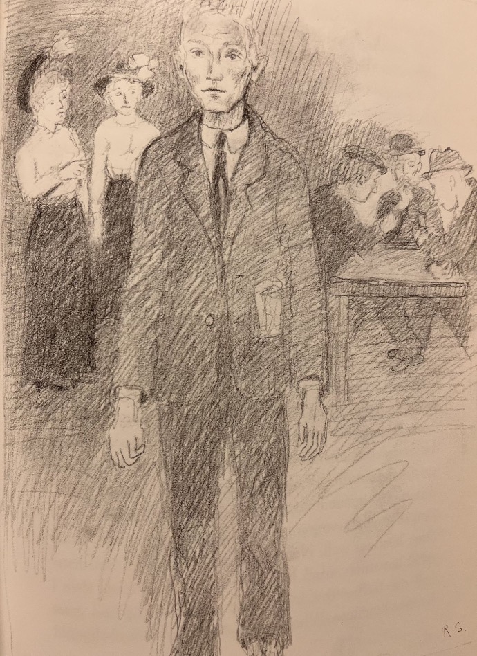 σχέδιο του Ira Moskowitz που απεικονίζει έναν άντρα με κοστούμι να στέκεται όρθιος και πίσω του δύο γυναίκες όρθιες και τρεις άντρες που κάθονται σε ένα τραπέζι